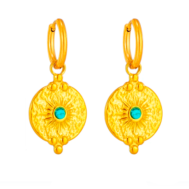 Aretes boho piedra turquesa con acabado en oro de 18kt